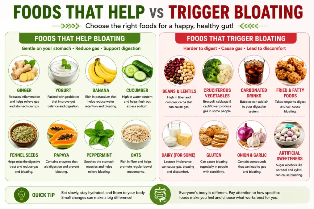 Foods That Stop Bloating Immediately at Home 4 foods that reduce bloating vs foods that trigger gas and stomach bloating