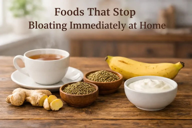 Foods that stop bloating immediately at home including ginger tea, fennel seeds, ajwain, banana and yogurt on a kitchen table.