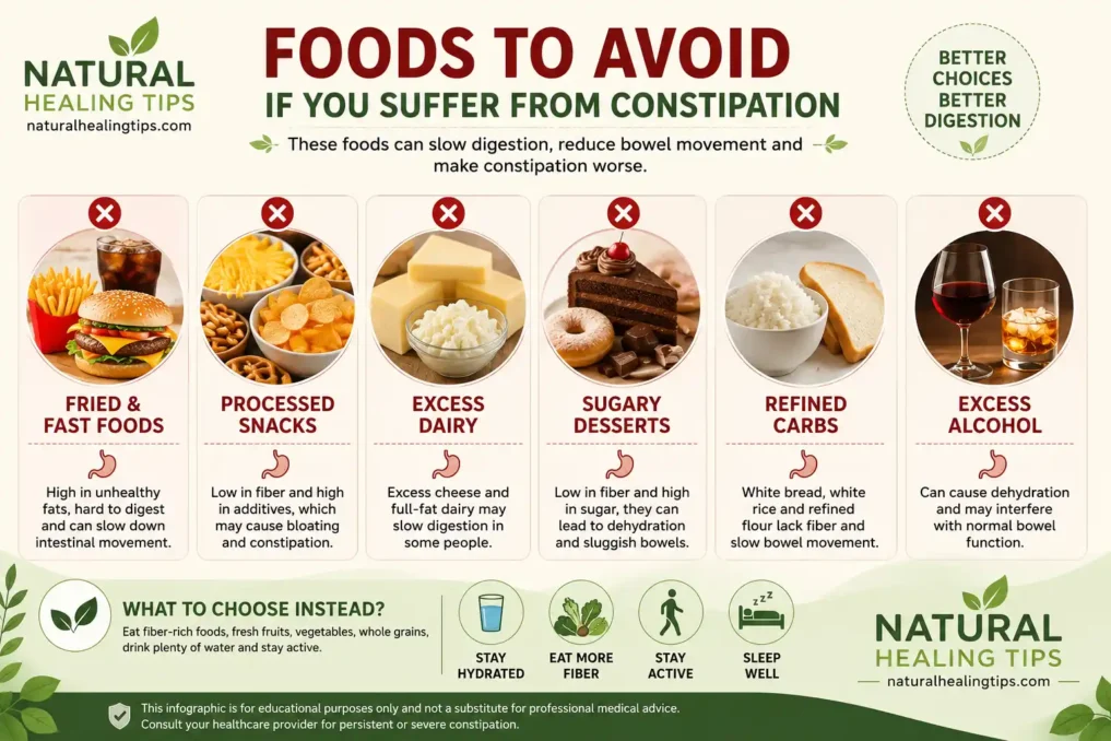 Natural Drinks for Constipation Relief Overnight 5 Infographic showing foods to avoid during constipation including fried foods, processed snacks, sugary desserts, dairy, refined carbs, and alcohol
