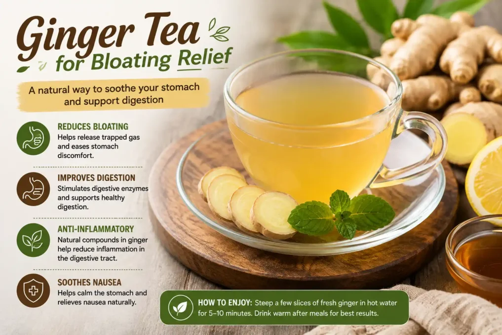 Foods That Stop Bloating Immediately at Home 1 ginger tea for stomach bloating relief and healthy digestion
