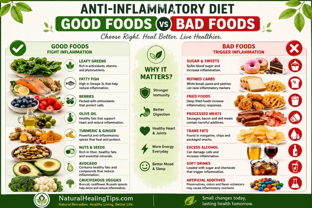 Anti-Inflammatory Diet for Natural Healing 6 Comparison infographic showing anti-inflammatory good foods like salmon, berries, turmeric, nuts, and leafy greens versus inflammatory bad foods like soda, fried food, sugar, and processed snacks