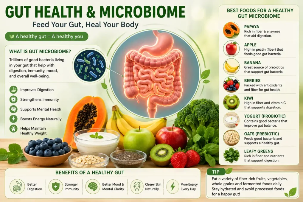 Best Fruits to eat on Empty Stomach 1 Gut health and microbiome infographic showing fruits and foods that support healthy digestion