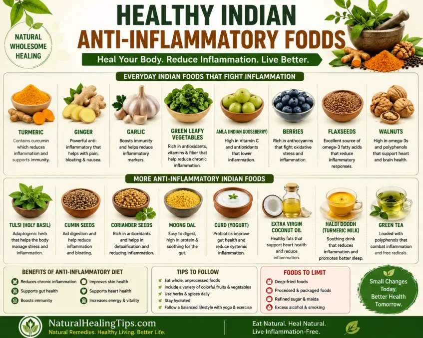 Anti-Inflammatory Diet for Natural Healing 7 Healthy Indian anti-inflammatory foods including turmeric, dal, ginger, garlic, leafy greens, millets, curd, spices, and traditional natural meals for healing