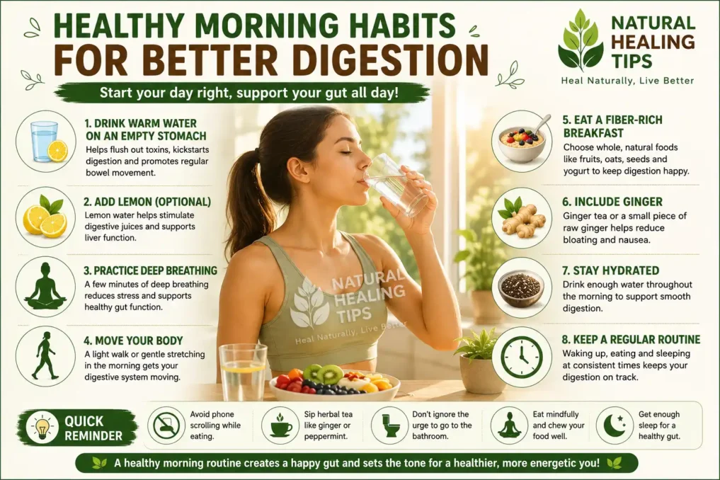 Healthy morning digestion routine with warm water, fruits, light exercise, and natural wellness habits