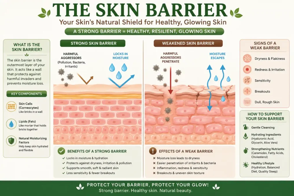 Skin Healing Herbs for Clear, Glowing Skin 6 Educational diagram comparing a healthy skin barrier and a damaged skin barrier with moisture loss, irritation, and inflammation