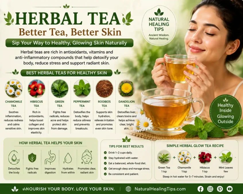 Skin Healing Herbs for Clear, Glowing Skin 5 Herbal tea infographic showing chamomile, green tea, hibiscus, peppermint, and rooibos teas for healthy glowing skin