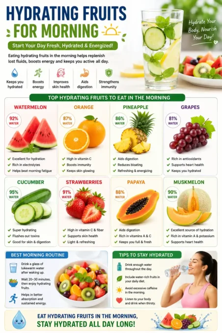 Best Fruits to eat on Empty Stomach 8 Hydration infographic showing water-rich fruits and healthy hydration tips