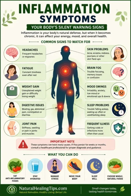 Anti-Inflammatory Diet for Natural Healing 1 Infographic showing common inflammation symptoms including fatigue, bloating, joint pain, brain fog, skin problems, poor digestion, headaches, and low energy