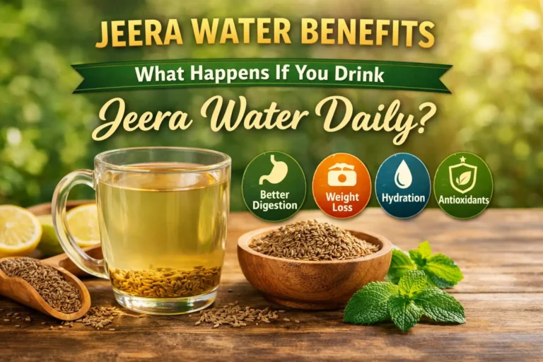 Glass cup of jeera water with cumin seeds on wooden table showing jeera water benefits for digestion and daily health