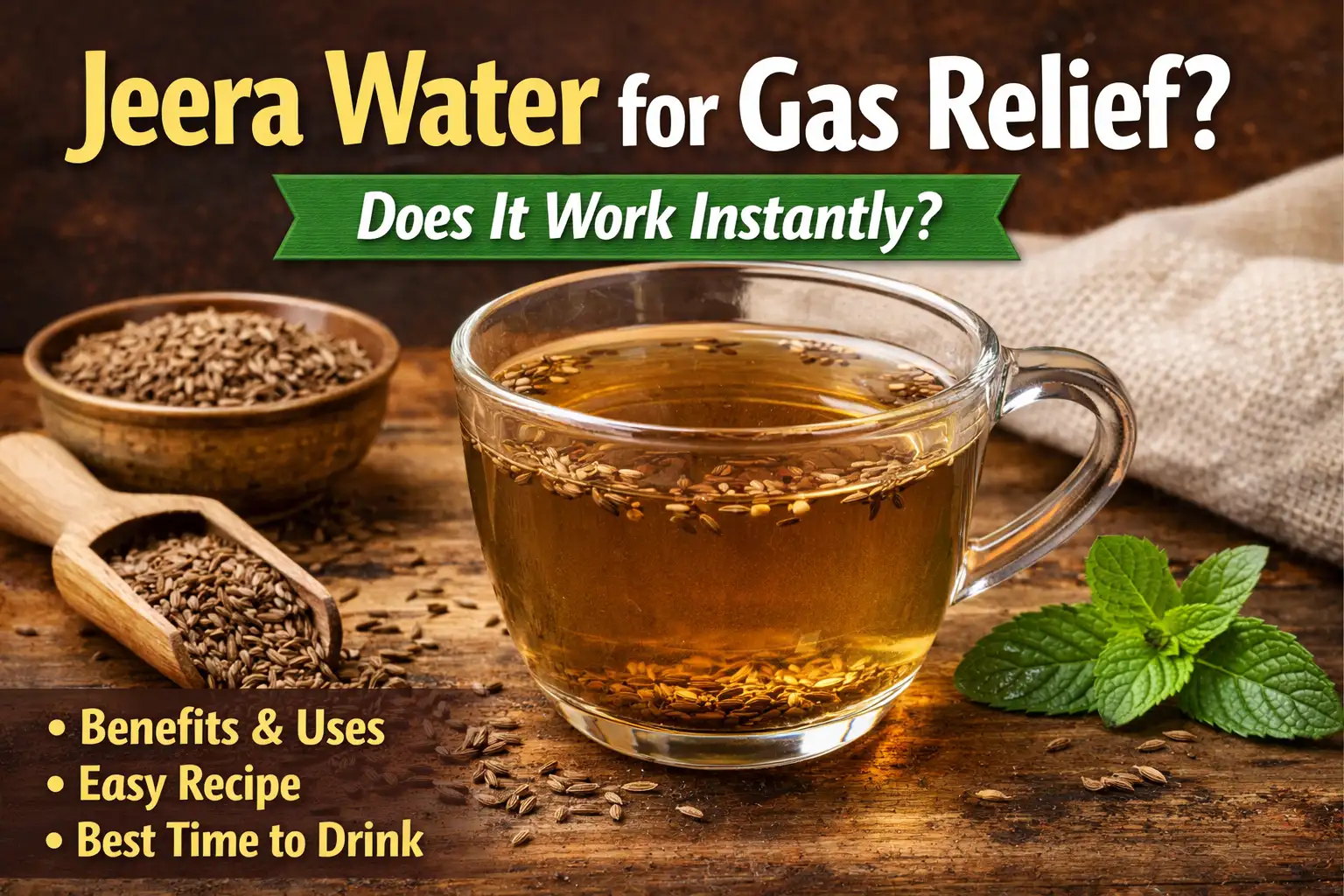 Jeera water for gas relief in a glass cup with cumin seeds