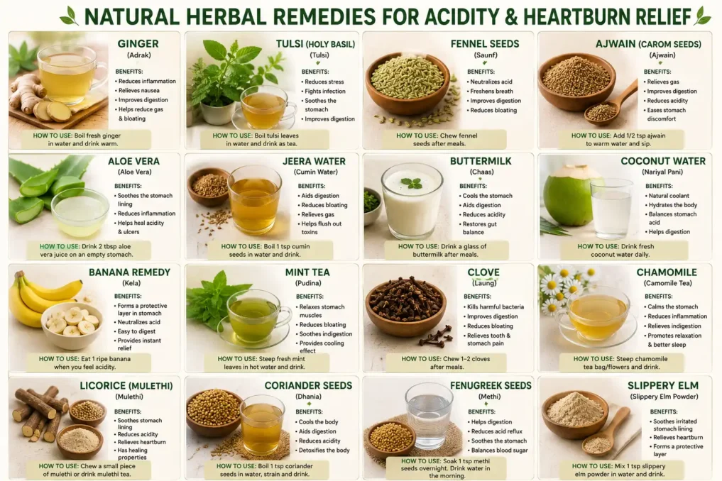 Collage infographic of herbal remedies for acidity including ginger, tulsi, fennel seeds, ajwain, aloe vera, mint tea, chamomile, clove, licorice, fenugreek, and coconut water