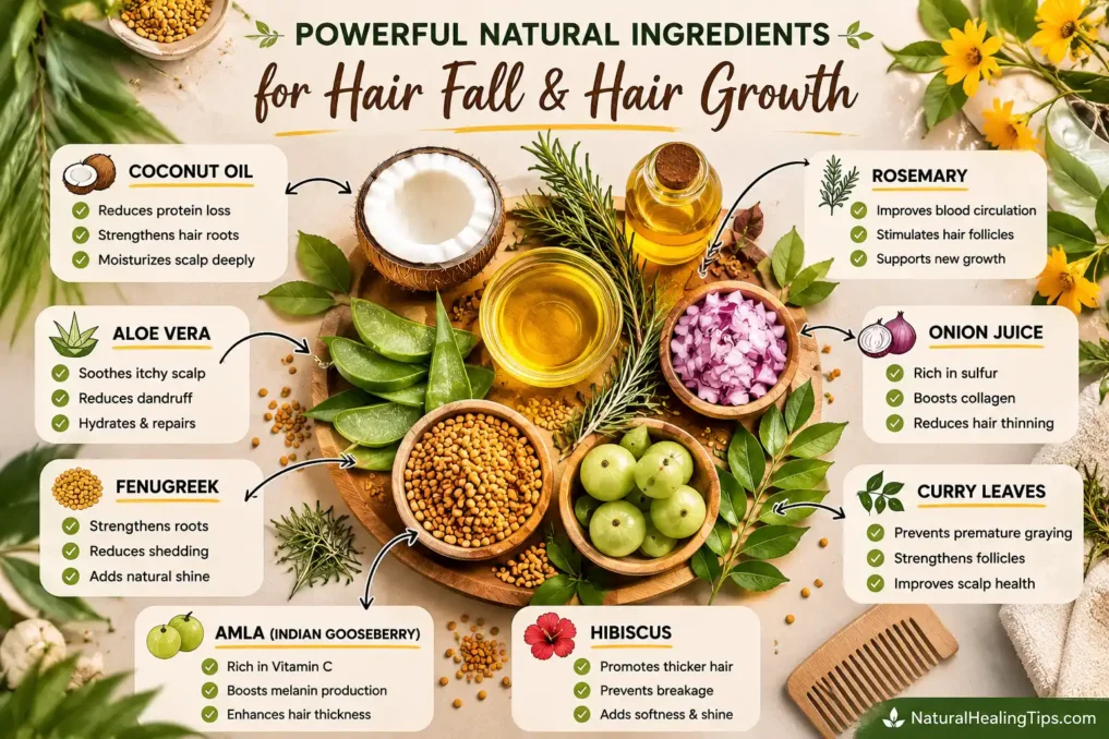 Flat lay of natural hair care ingredients including coconut oil aloe vera fenugreek onion rosemary curry leaves and amla for healthy hair growth