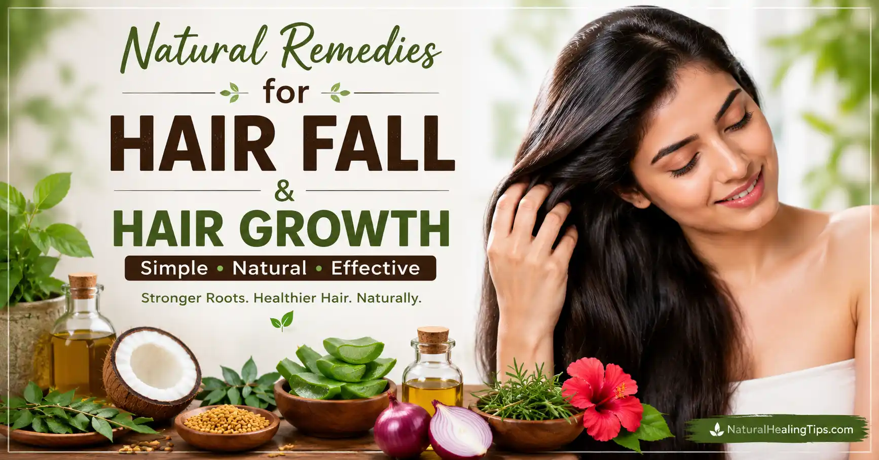 Woman using natural remedies like coconut oil and aloe vera for healthy hair growth naturally