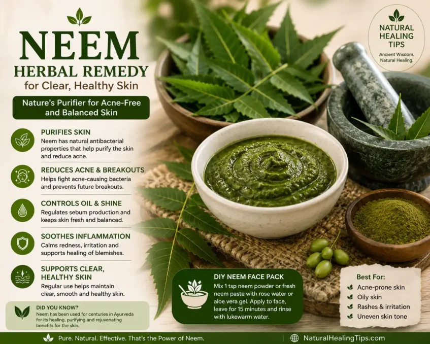 Skin Healing Herbs for Clear, Glowing Skin 4 Fresh neem leaves and neem herbal face pack traditionally used for acne-prone and oily skin care
