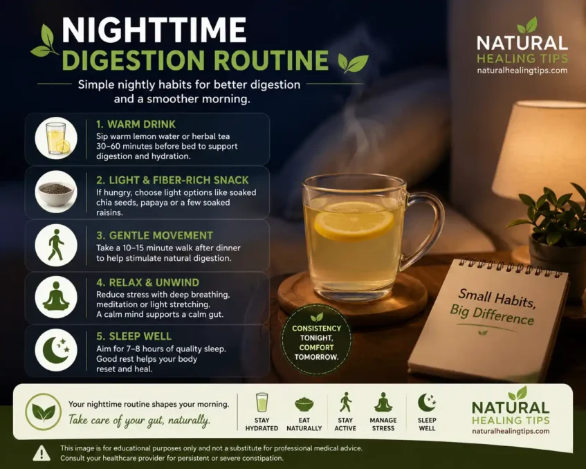 Natural Drinks for Constipation Relief Overnight 6 Nighttime digestion routine infographic showing warm lemon water, fiber-rich snacks, walking, stress relief, and healthy sleep habits for constipation support