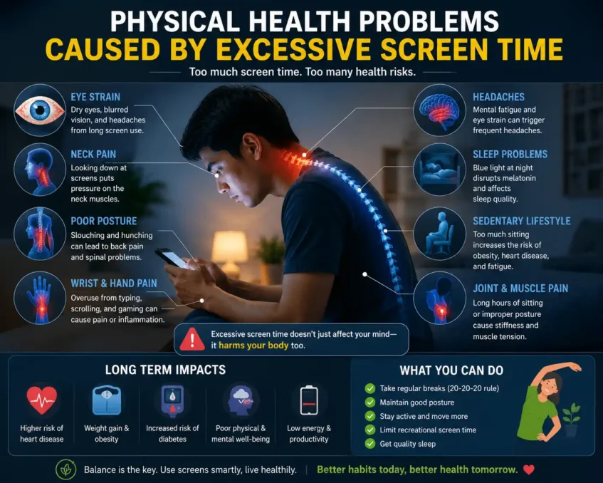 Educational infographic showing physical effects of excessive screen time including eye strain, tech neck, headaches, poor posture, fatigue, wrist pain, and reduced physical activity from prolonged phone and computer use.