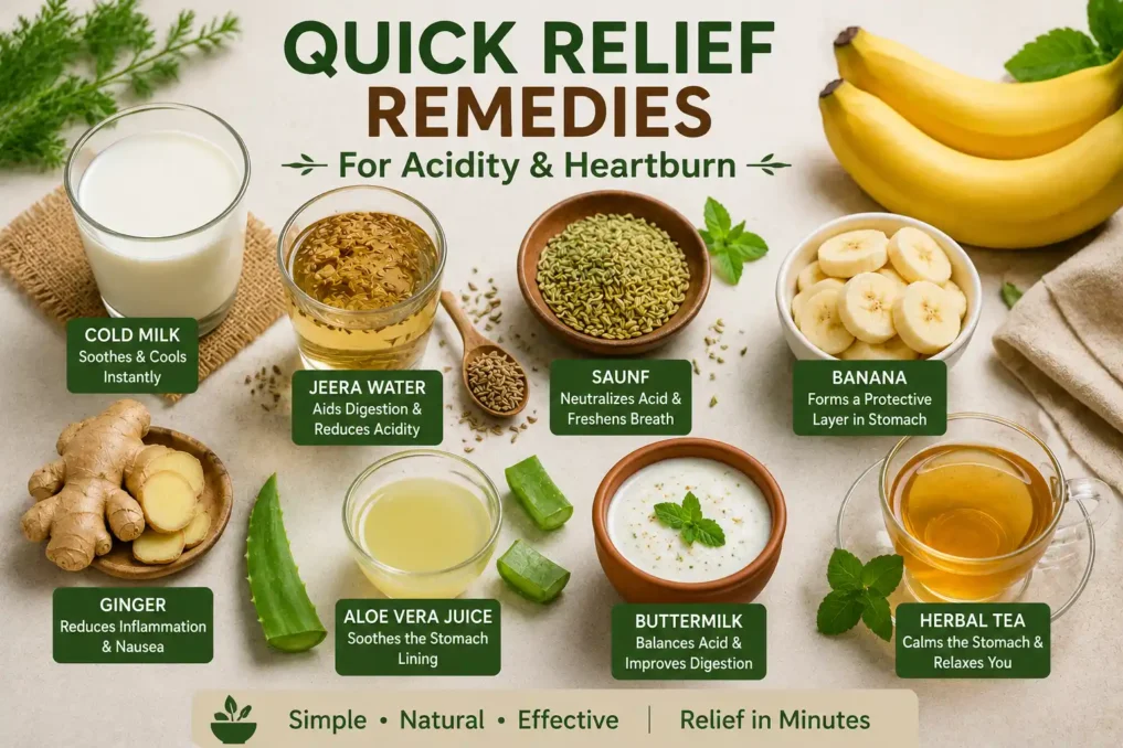 Flat lay of natural quick relief remedies for acidity including ginger tea, fennel seeds, banana, buttermilk, tulsi leaves, cumin water, and aloe vera