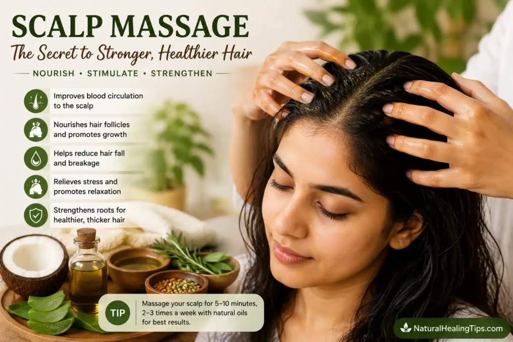 Person gently massaging scalp with warm natural oil to improve scalp circulation and support healthy hair growth