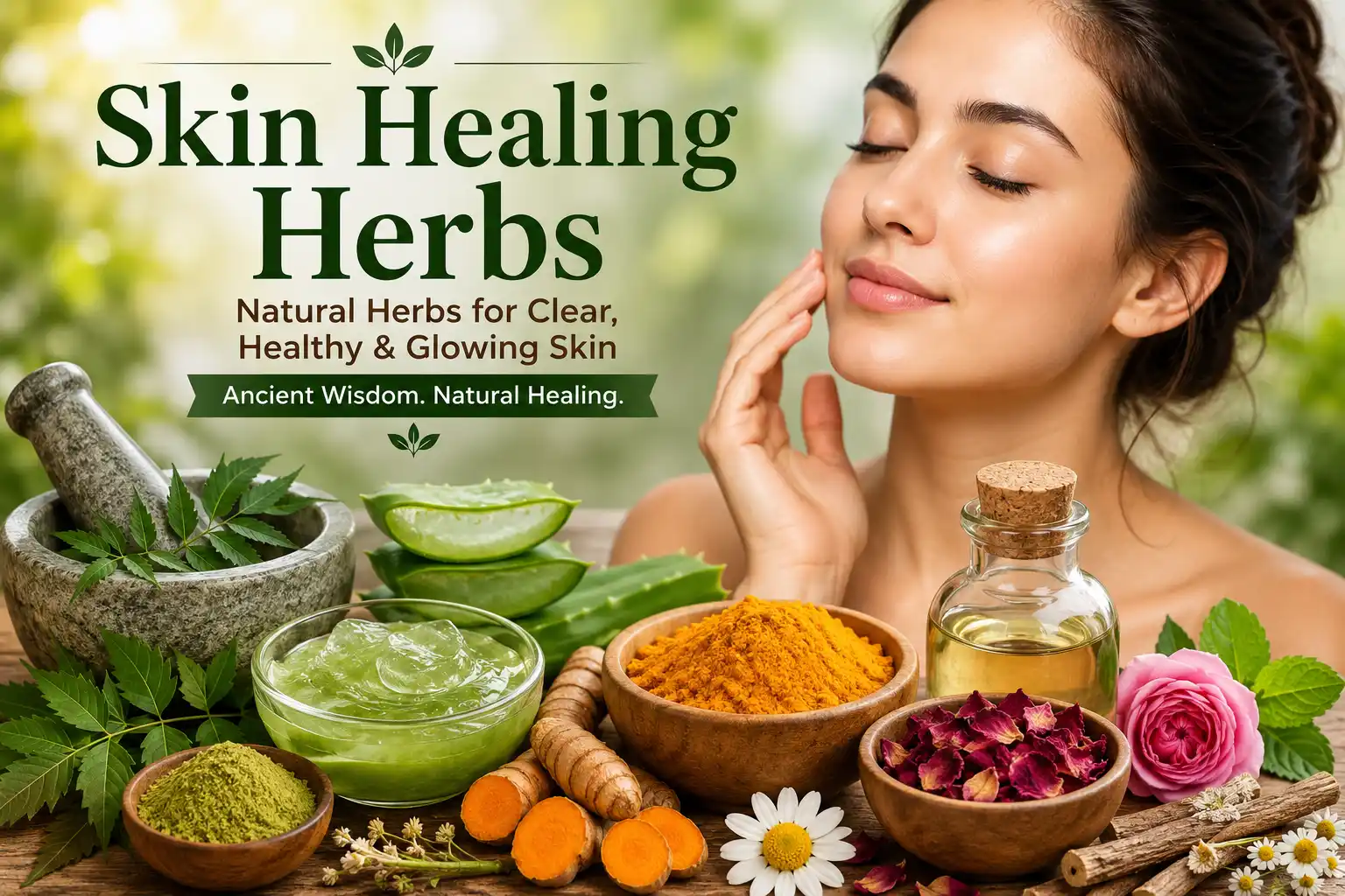 Natural skin healing herbs including aloe vera, turmeric, neem, chamomile, and tulsi arranged for healthy glowing skin care