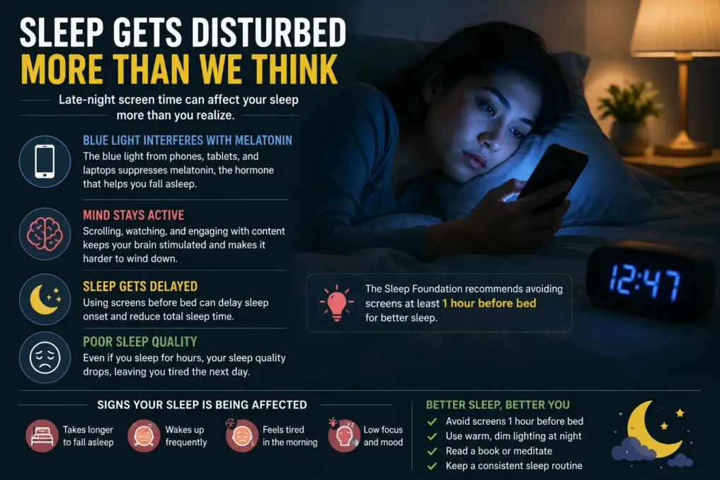 Infographic showing a woman using a smartphone late at night in bed with explanations about blue light, melatonin disruption, delayed sleep, poor sleep quality, and the effects of excessive screen time before bedtime.
