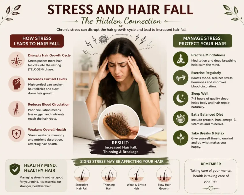 Person experiencing stress while noticing excessive hair strands in a comb illustrating stress-related hair fall and scalp health concerns