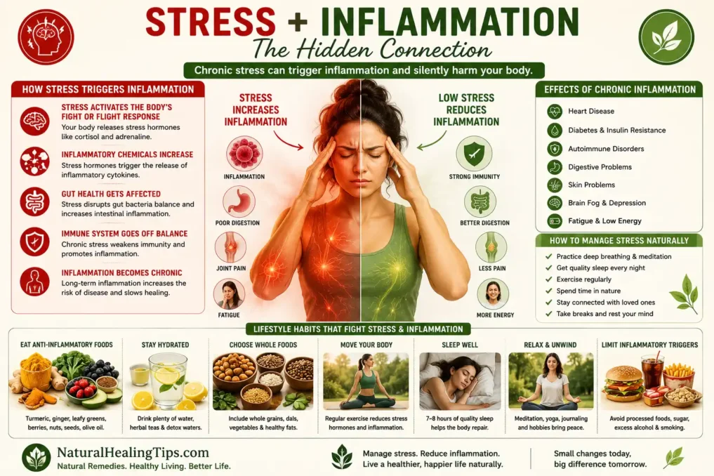 Anti-Inflammatory Diet for Natural Healing 3 Stress and inflammation lifestyle illustration showing cortisol stress response, poor sleep, unhealthy habits, meditation, exercise, and anti-inflammatory wellness practices