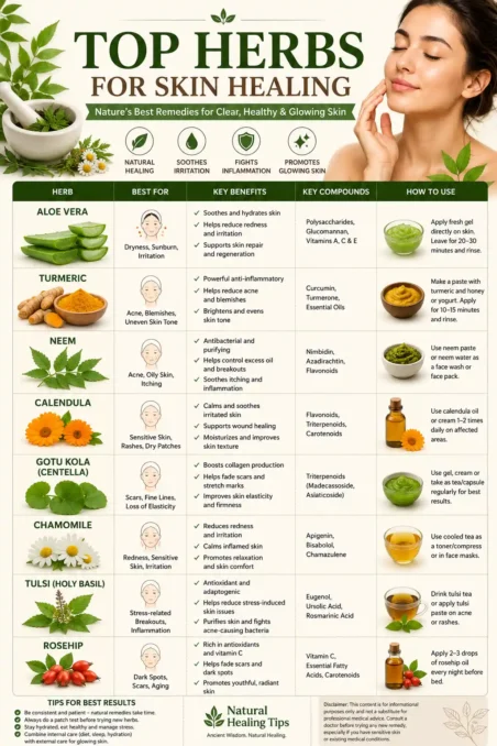 Skin Healing Herbs for Clear, Glowing Skin 1 Infographic showing the best skin healing herbs including aloe vera, turmeric, neem, calendula, chamomile, tulsi, rosehip, and tea tree for healthy glowing skin