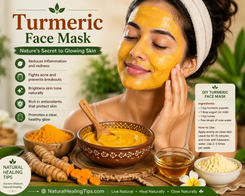Skin Healing Herbs for Clear, Glowing Skin 3 Homemade turmeric face mask applied to skin with turmeric powder and natural ingredients for glowing healthy skin