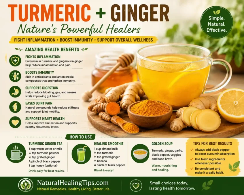 Anti-Inflammatory Diet for Natural Healing 4 Turmeric and ginger natural remedy drink with fresh turmeric roots, ginger, herbal tea, lemon, and anti-inflammatory ingredients for natural healing