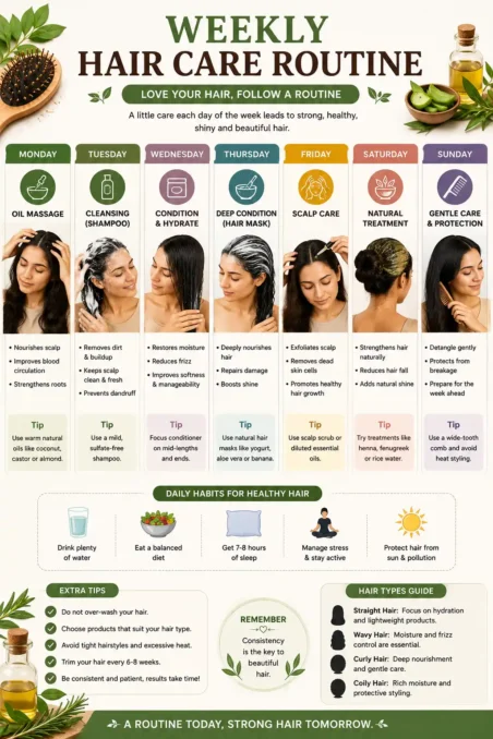Infographic showing a weekly natural hair care routine including oil massage scalp cleansing nutrition hydration and stress management for healthy hair growth