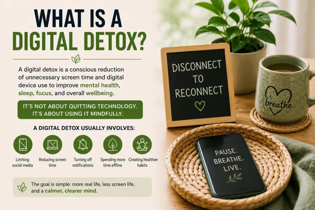 Illustration showing a person taking a break from digital devices with a switched-off smartphone, peaceful surroundings, books, plants, and calming lifestyle elements representing a digital detox and reduced screen time.