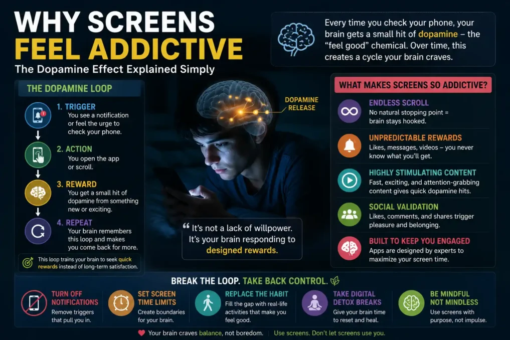 Illustration showing a person endlessly scrolling on a smartphone with social media notifications, dopamine reward icons, and distracted brain imagery representing phone addiction and compulsive screen habits.