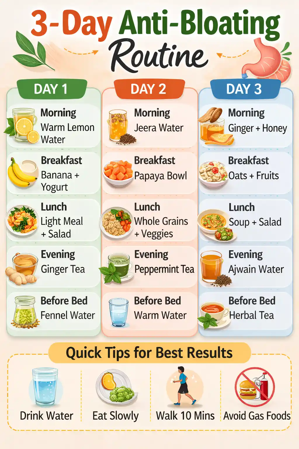 Infographic showing a simple 3-day anti-bloating routine including lemon water, light meals, and herbal tea