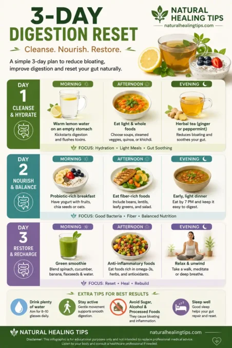Infographic showing a 3-day digestion reset routine with healthy meals, hydration, herbal teas, and wellness habits to support gut health naturally with NaturalHealingTips.com watermark