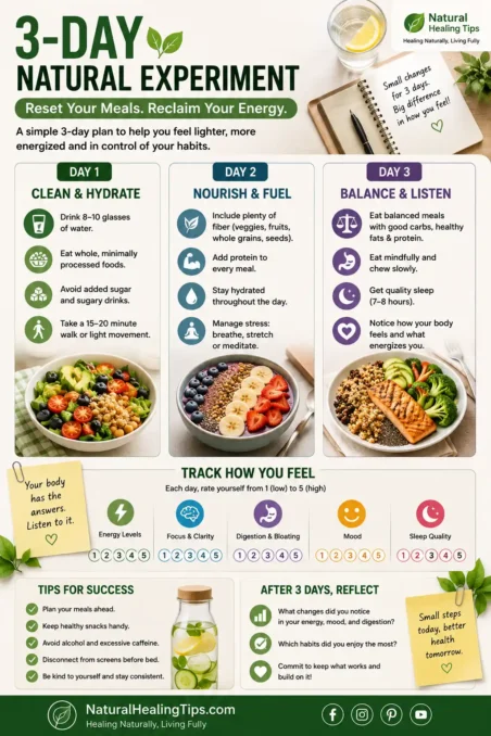 Infographic showing a 3-day natural routine with hydration, balanced meals, movement, and sleep tips for improving energy after meals