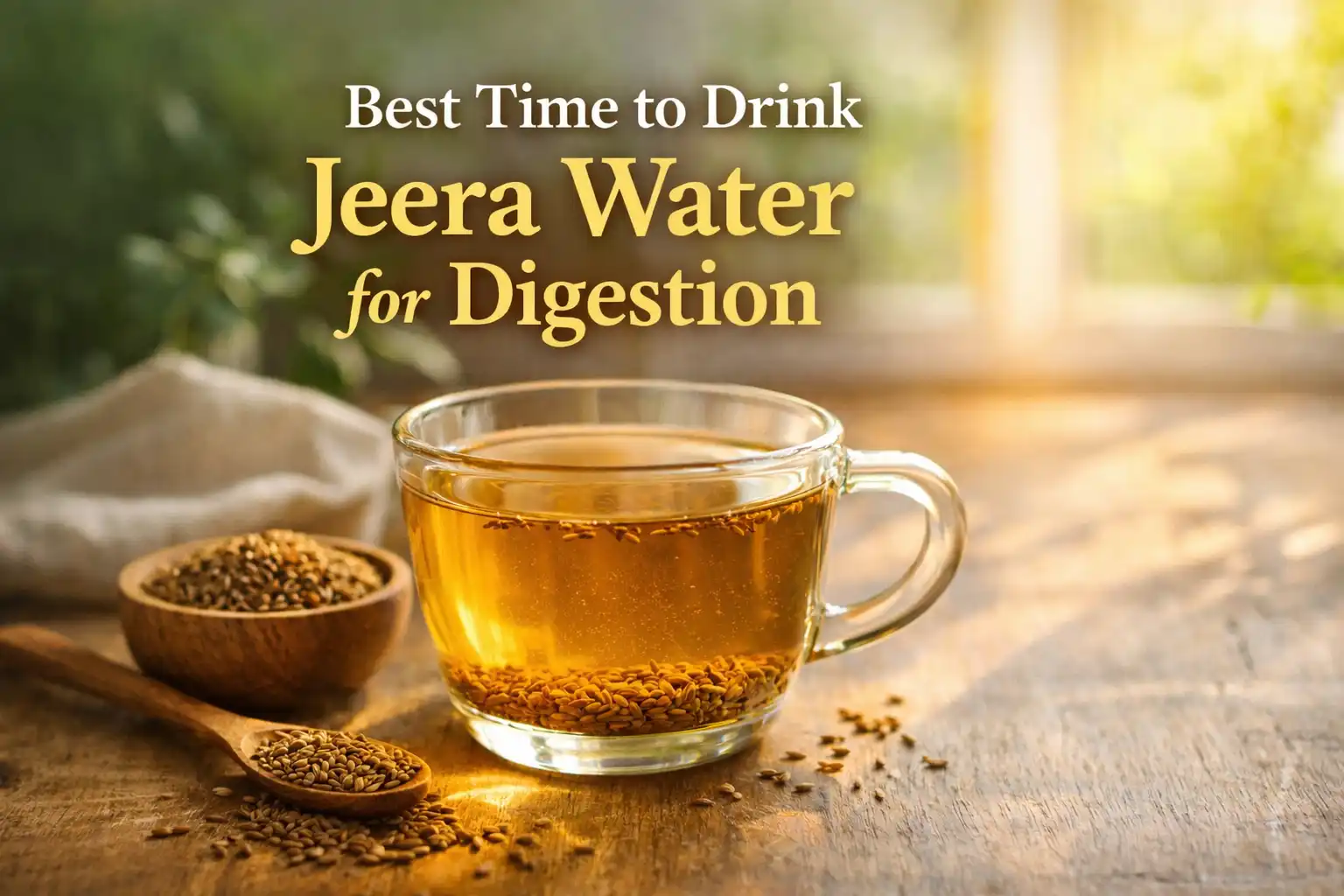 Best time to drink jeera water for digestion shown with warm cumin water in a glass cup
