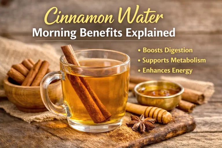 Cinnamon water morning benefits shown with a warm glass of cinnamon infused water and cinnamon sticks