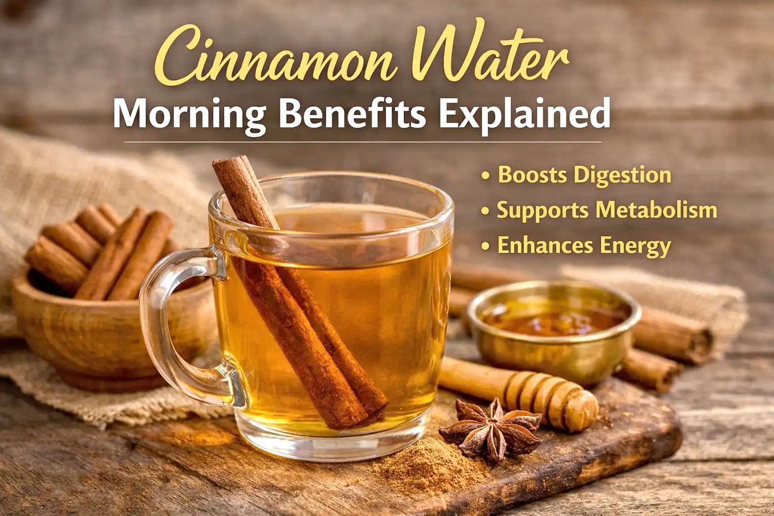 Cinnamon water morning benefits shown with a warm glass of cinnamon infused water and cinnamon sticks
