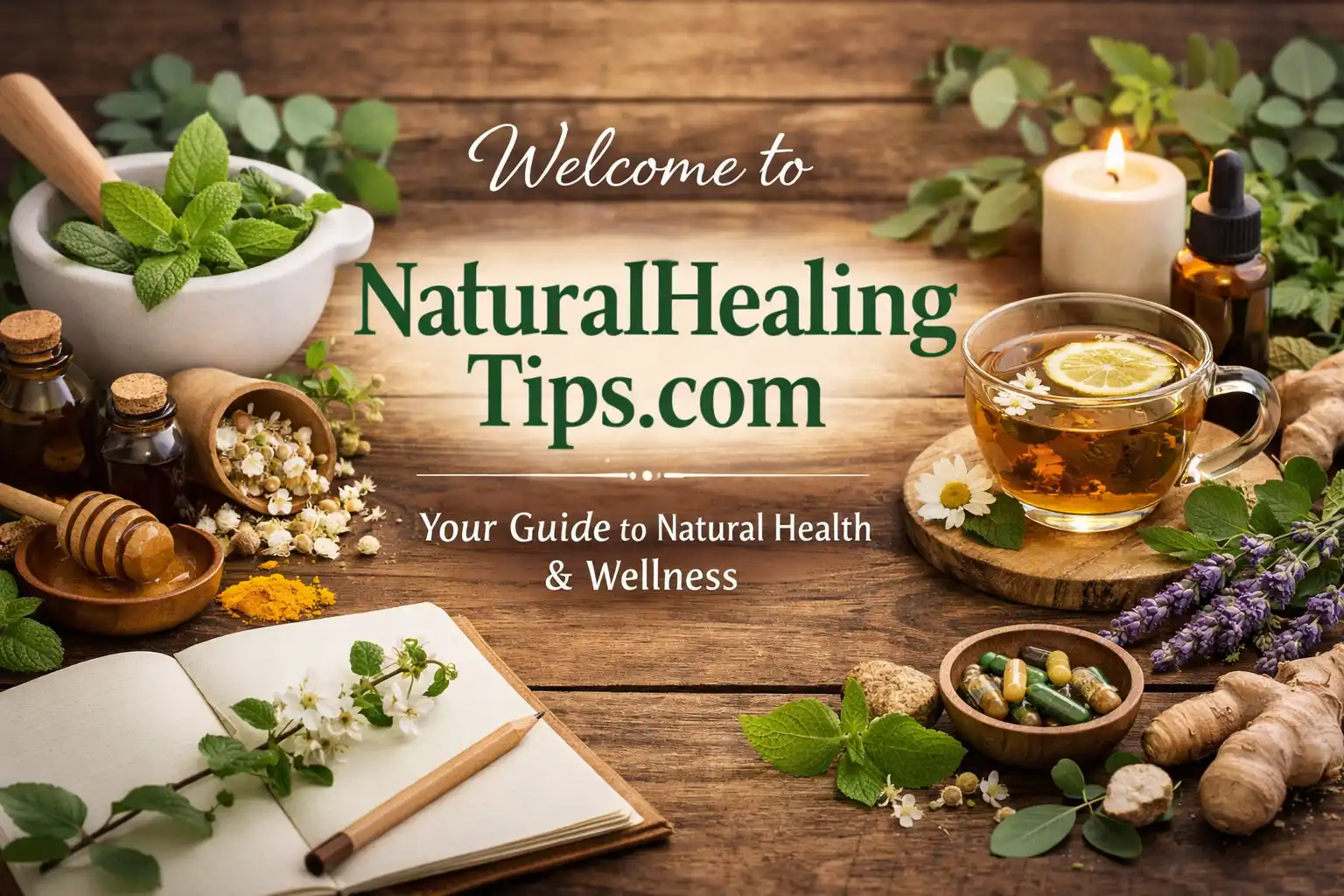 Natural Healing Tips wellness banner featuring herbal tea, turmeric, honey, chamomile flowers, essential oil bottles, and fresh herbs on a rustic wooden table