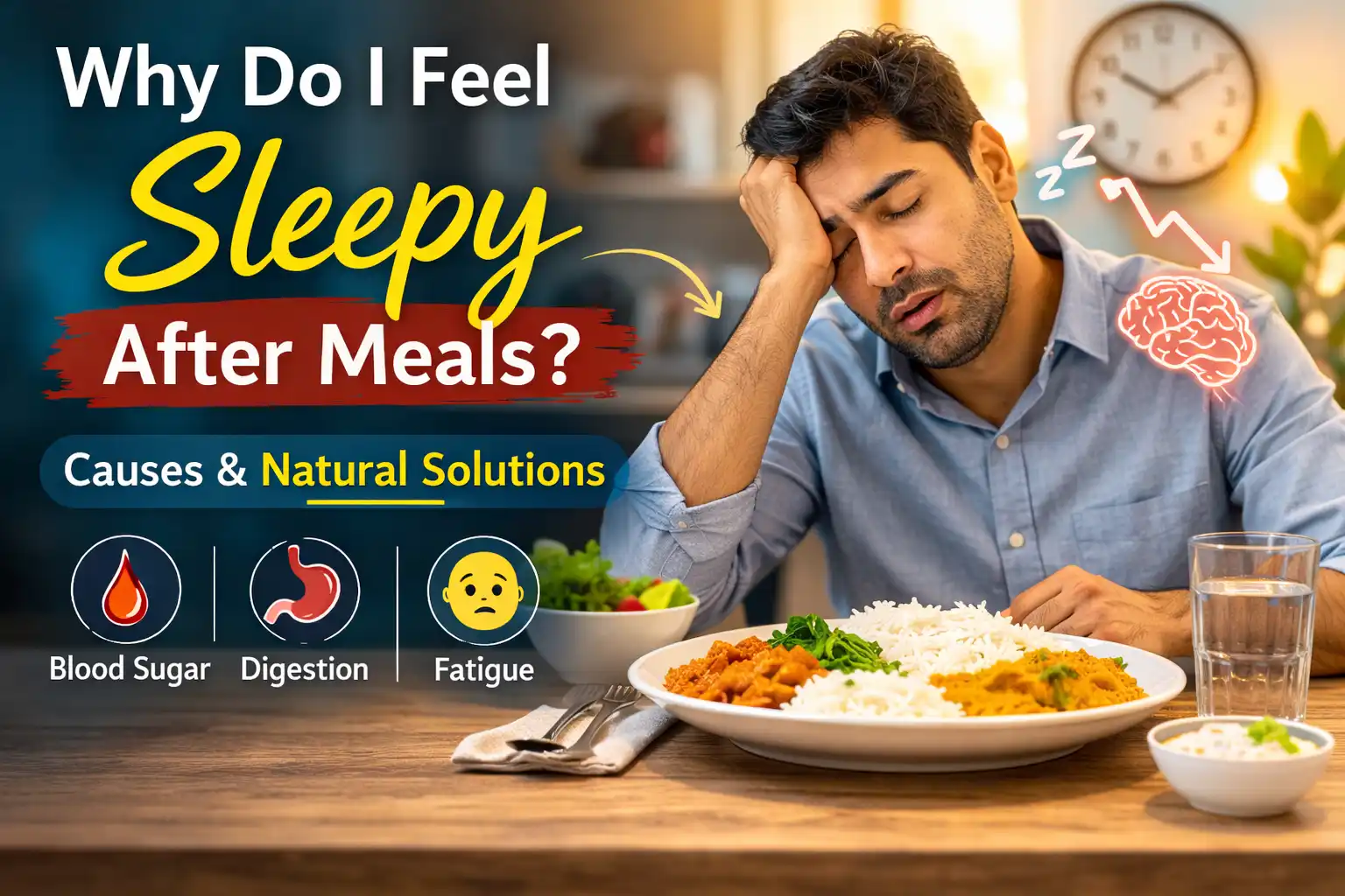 Why Do I Feel Sleepy After Meals with rice, illustrating causes of post-meal fatigue and blood sugar crash.