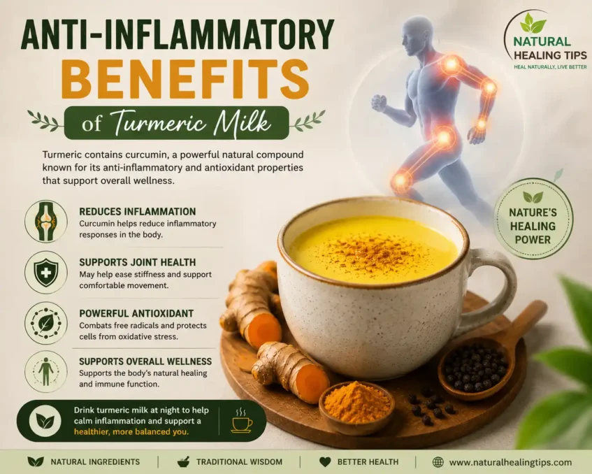 Turmeric Milk Before Bed 1 Anti-inflammatory turmeric milk infographic showing benefits for joint health, inflammation reduction, antioxidant protection, and overall wellness with NaturalHealingTips watermark