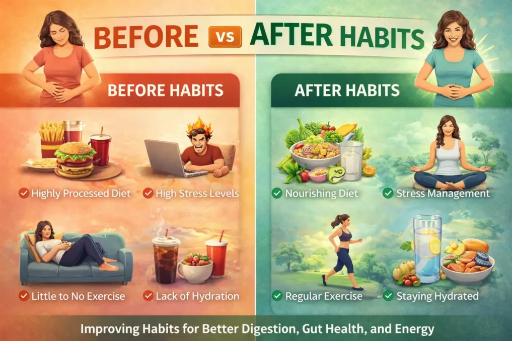 Foods That Naturally Clean Your Gut 5 before vs after habits infographic showing poor lifestyle habits versus healthy habits for improving gut health digestion and energy