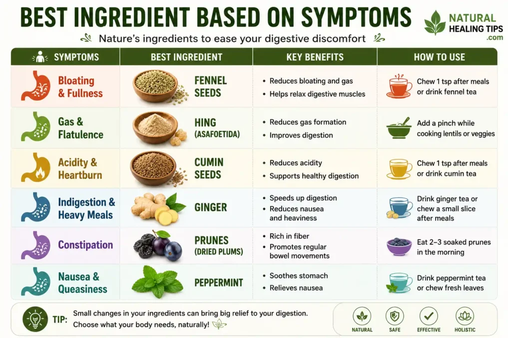 Kitchen Ingredients That Reduce Gas Fast 7 Comparison chart showing the best kitchen ingredients for bloating trapped gas heavy stomach and digestion support