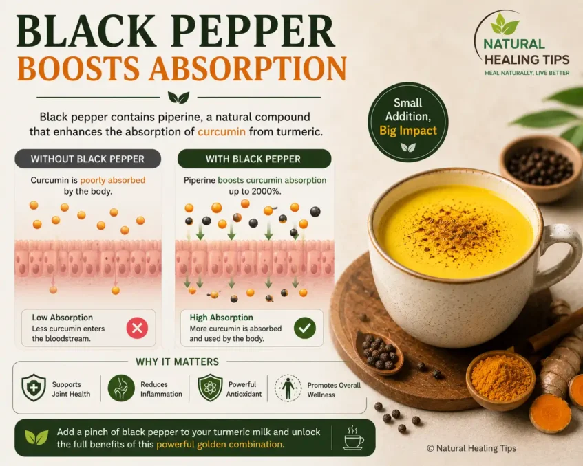 Turmeric Milk Before Bed 5 Infographic showing how black pepper and piperine improve curcumin absorption from turmeric milk with NaturalHealingTips watermark