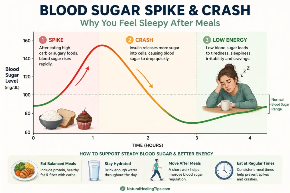 Illustration showing glucose spike and fatigue after sugary meals