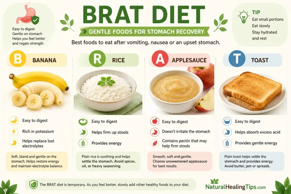 BRAT diet infographic showing bananas, rice, applesauce, and toast recommended after vomiting and nausea recovery