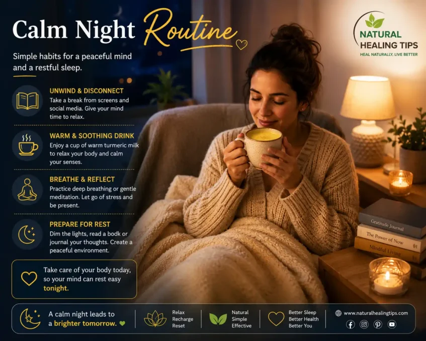 Turmeric Milk Before Bed 8 Cozy nighttime lifestyle scene showing a woman drinking warm turmeric milk as part of a calm bedtime routine with NaturalHealingTips watermark
