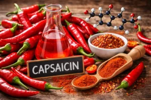 Capsaicin compound illustration with red chili peppers, chili powder, and molecular structure showing the chemical responsible for spicy heat in peppers.