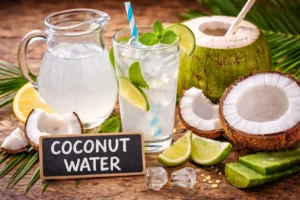 Fresh coconut water in a glass with mint and lime alongside whole and cut coconuts, showing a natural hydrating drink that helps soothe burning sensation after eating spicy food.