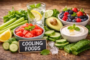 Assortment of cooling foods including watermelon, cucumber, yogurt, avocado, berries, aloe vera, and lemon water that help soothe burning sensation after eating spicy food.